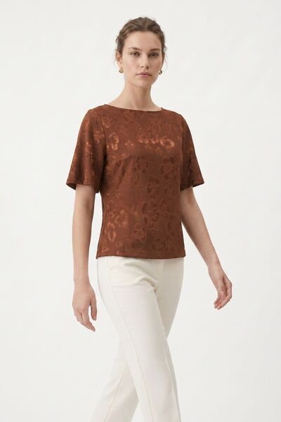 Rays Καφέ μπλούζα ζακάρ με βολάν στα μανίκια και δέσιμο στην πλάτη 261151