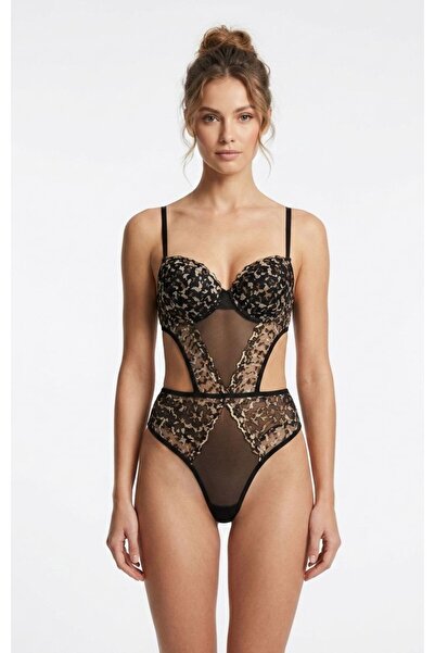 DİA SENSE Black Gold Embroidered Leopard Pattern Underwire Bodysuit – Push-Up...