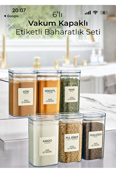evolis kitchen Etiketli 6'li Set Akrilik Vakumlu Kare Baharatlık Seti 350 ml ...