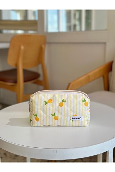 Batekso Sarı Çizgili Limon Desenli Kalem Çantası