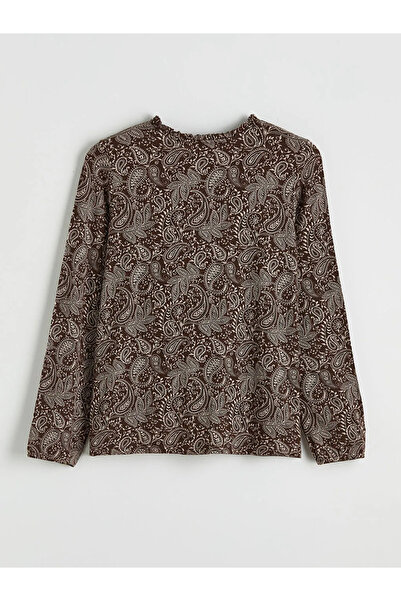 LC Waikiki Καφέ μπλούζα με δετό γιακά και σχέδιο