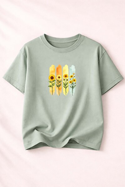 herkesemoda Γυναικείο βαμβακερό μπλουζάκι με στάμπα Sunflower Bunch