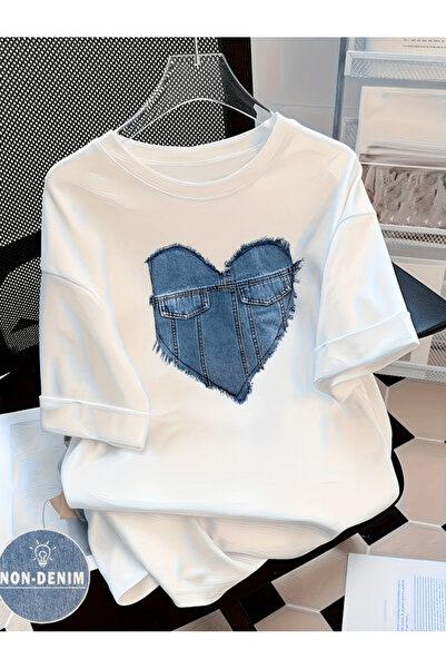 one button Μπλουζάκι Premium Oversize με μπλε τζιν σχέδιο και στάμπα καρδιάς