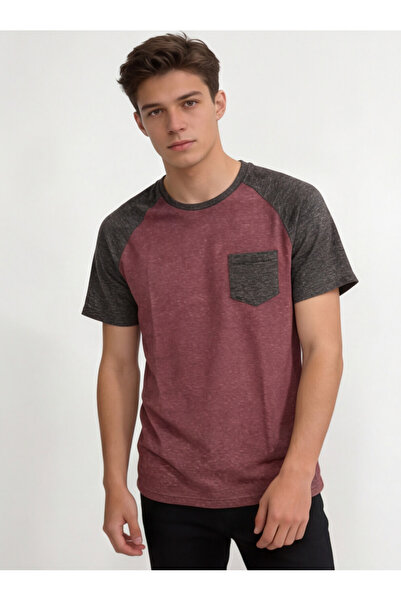 QualiTee Erkek Bordo Kırçıllı T-Shirt Raglan Kol Cep Detaylı