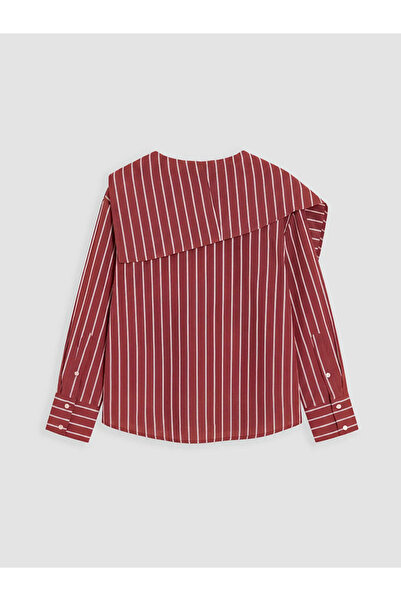 LC Waikiki Κόκκινο ασύμμετρο γυναικείο πουκάμισο με ριγέ γιακά