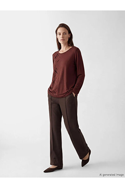 LC Waikiki Καφέ μπλούζα με λαιμόκοψη ποδηλάτου και στρας