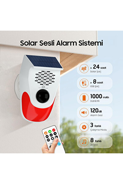 Rabelix Online Marketing Güneş Enerjili Kumandalı 120 Desibel Güçlü Ses Ev Ba...