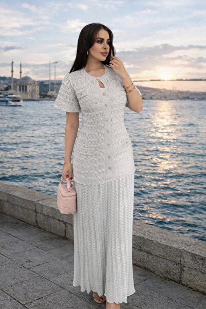 1D-1T Astarlı Luna Gold düğme detaylı triko elbise