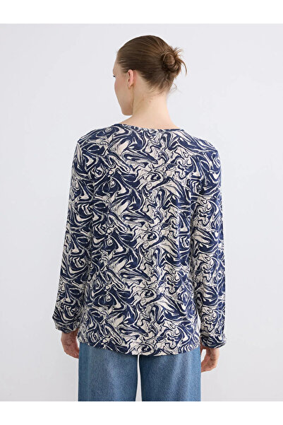 LC Waikiki Μπλούζα με μοτίβο με γιακά με κορδόνια σε μπλε ναυτικό χρώμα