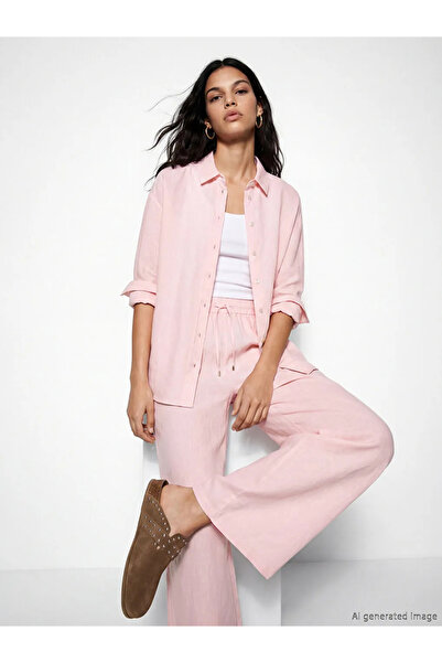 LC Waikiki Ροζ Oversize Γυναικείο Λινό Πουκάμισο