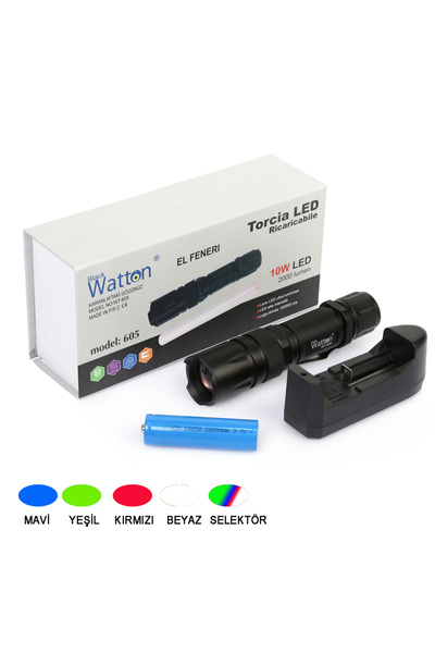 Watton 10W 2000 Lümen 4 Renkli Güçlü LED El Feneri Yüksek Aydınlatma WT-605