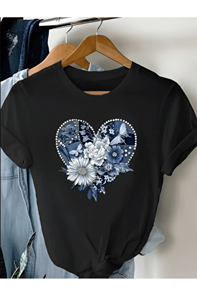 one button Μπλουζάκι Premium Oversize με μπλε λουλουδάτο σχέδιο και στάμπα με...