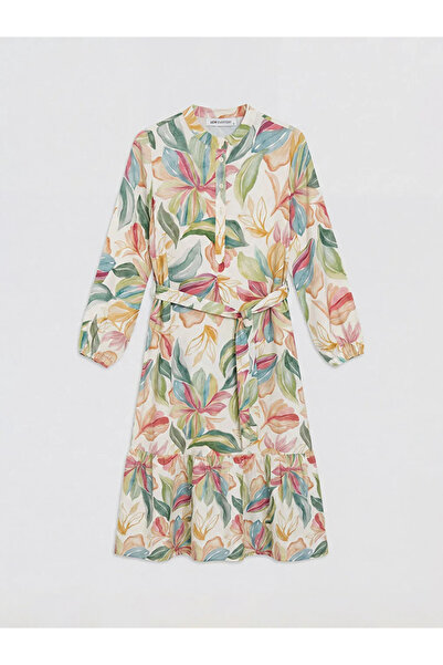 LC Waikiki Πορτοκαλί φόρεμα με λουλουδάτη ζώνη και γιακά Hakim