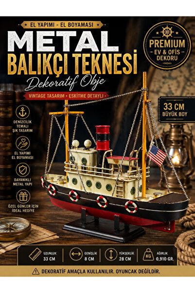 KOLAYEV Dekoratif Metal Balıkçı Teknesi 33 Cm El Yapımı Vintage Gemi Ofis Ev ...