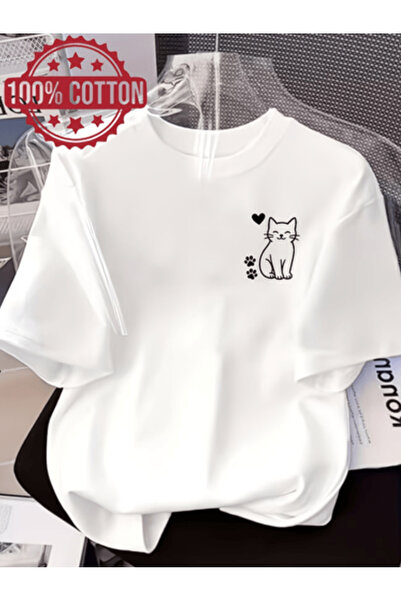 gencerco Μίνι χαριτωμένο μπλουζάκι με στάμπα γάτας, Premium Oversize