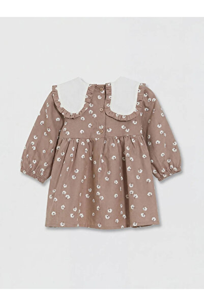 LC Waikiki Kahverengi Bebe Yaka Çiçekli Kız Bebek Gabardin Elbise