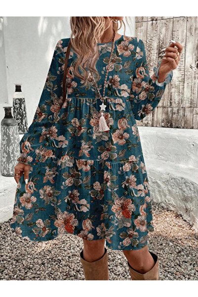 Iuliashop Rochie scurtă albastră cu imprimeu floral Mioara - Mărimi mari - 44