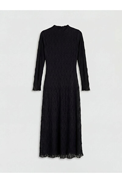 LC Waikiki Μαύρο μακρύ φόρεμα με δαντέλα σε γραμμή Α