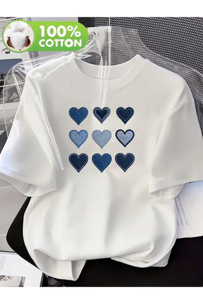 one button Μπλουζάκι Mini Blue Hearts με στάμπα Premium Oversize