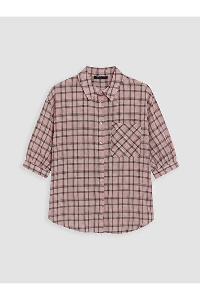 LC Waikiki Ροζ καρό γυναικείο πουκάμισο με τσέπες