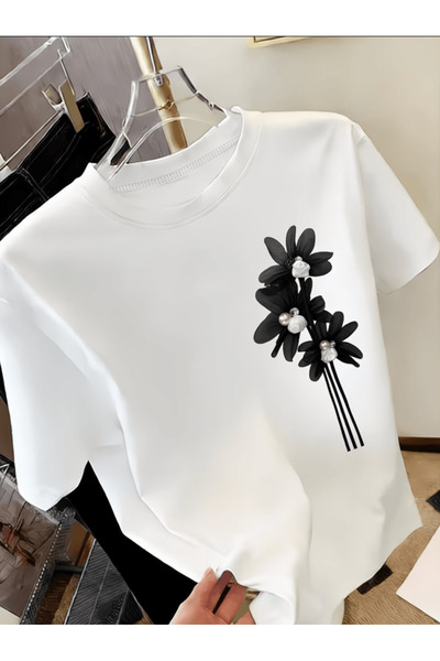 one button Μπλουζάκι με φλοράλ σχέδια για καθημερινή χρήση, με στάμπα, Premiu...