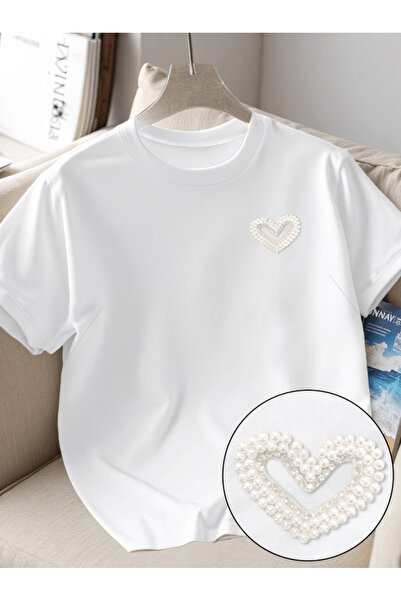 one button Μίνι μπλουζάκι με στάμπα λευκής μαργαριταρένιας καρδιάς Premium Ov...