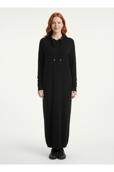 Neden Tekstil Μαύρο μακρύ πλεκτό γυναικείο φόρεμα με κουκούλα