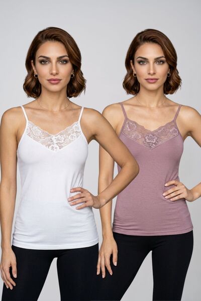 fevien Women's 2-Pack V-Neck Lace Rope Strap Cotton Undershirt Stylish Comfor...
