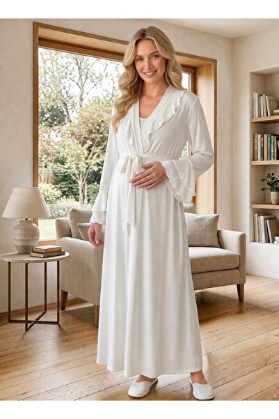 Lohusa Homewear New Season Ecru Maternity Double-Breasted Summer Dress with F...