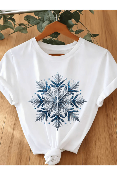 one button تي شيرت كبير الحجم مطبوع عليه ندفة ثلج زرقاء لامعة