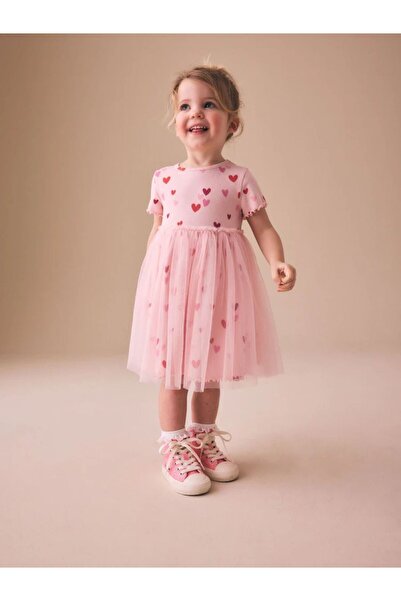 Next Baby Cotton Pink Heart Patterned Short Sleeve Tutu Dress