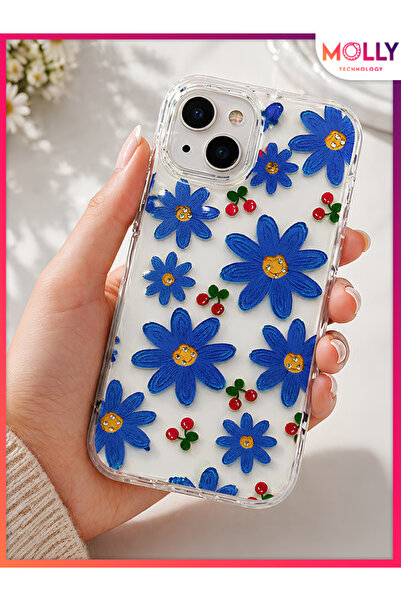 Molly iPhone 13 İçin Blue Cherry Bloom Desenli Silikon Kılıf