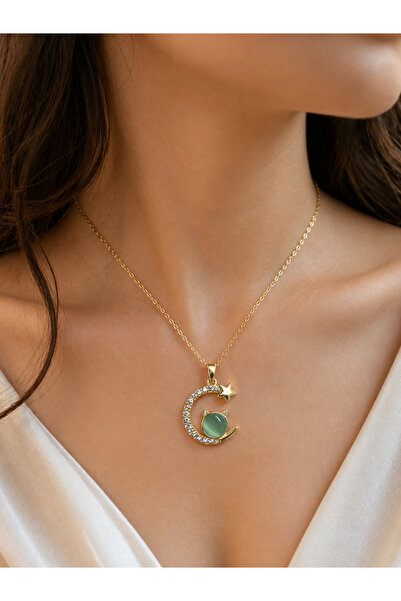 Yuchicly Moon Star Cat Pattern Green Stone Stainless Steel Necklace