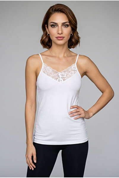 fevien Women's V-Neck Lace Guipure Detailed Rope Strap Cotton Undershirt Styl...