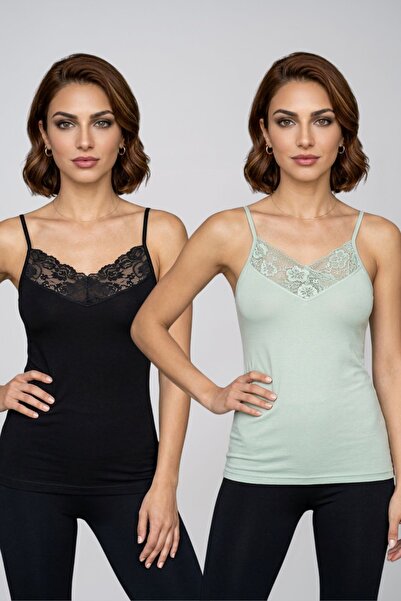 fevien Women's 2-Pack V-Neck Lace Rope Strap Cotton Undershirt Stylish Comfor...