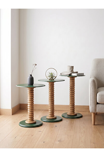 goji home decor 3’lü Ahşap Zigon Sehpa Seti Metal Tabla Yeşil 35 cm Çap 50-55...