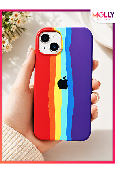 Molly iPhone 13 İçin Rainbow Flow Liquid İçi Kadife Silinebilir Silikon Kılıf