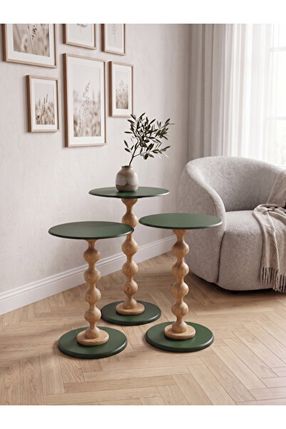 goji home decor 3’lü Ahşap Zigon Sehpa Seti Metal Tabla Yeşil 35 cm Çap 50-55...
