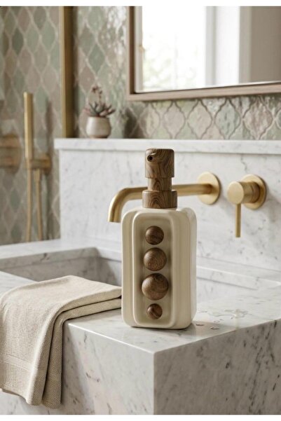 HÜCO BAZAAR Şık Zarif Seramik Kaliteli Ahşap Küre Desenli Sıvı Sabunluk Banyo...