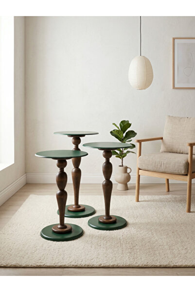 goji home decor 3’lü Ahşap Zigon Sehpa Seti Metal Tabla Yeşil 35 cm Çap 50-55...