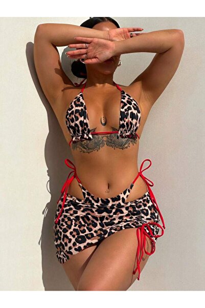 Novapia Leopar Desen 3’lü Bikini Takımı Kırmızı İp Detaylı Etekli Kadın Plaj Set