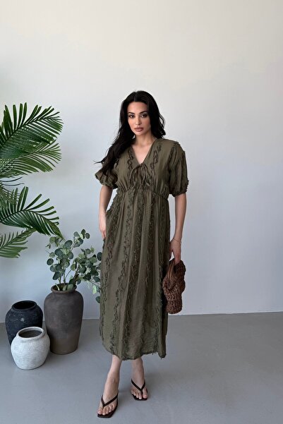 Serica Moda Khaki Half Sleeve V-Neck Midi Dress