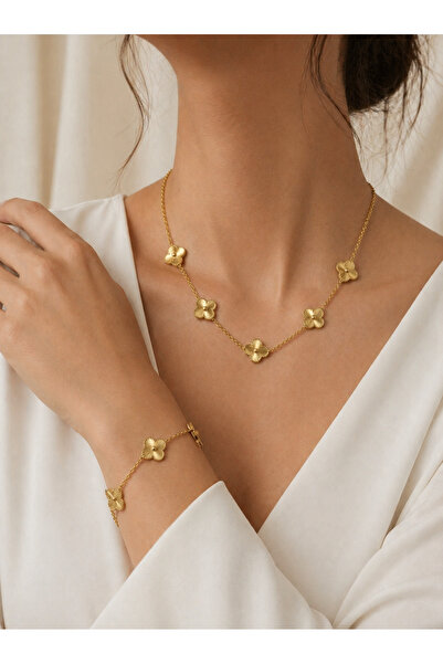 Nutly Accessories Kadın Yonca Kolye Bileklik Seti Gold Çelik Takı Seti Şans Y...