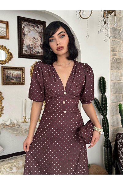 MODA DURAĞI Kadın V Yaka Balon Kol Düğme Detaylı Midi Boy Elbise