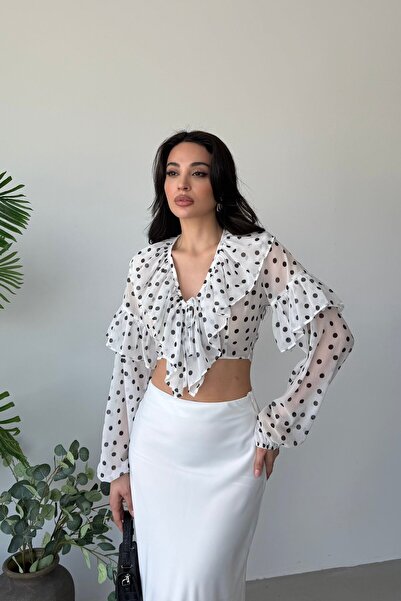 Serica Moda Λευκή Μπλούζα Σιφόν με Πουά και Δέσιμο στο Μπροστινό Μέρος