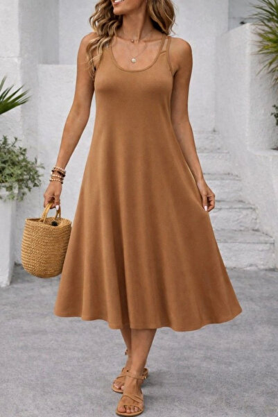 Butik Women's Strappy Round Neck Kiloş Long Viscose Dress