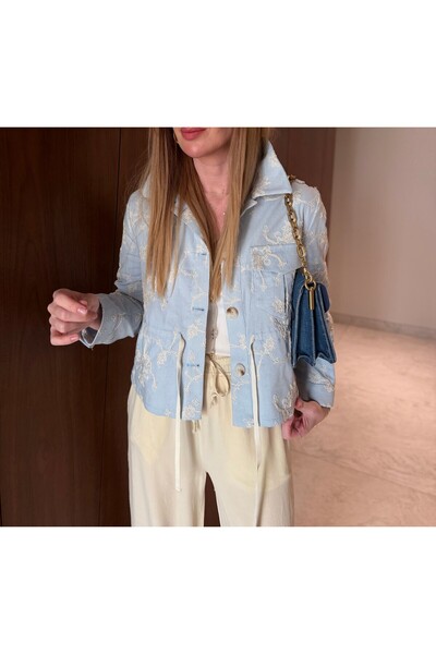 Burcia Nakışlı Keten Bomber Ceket