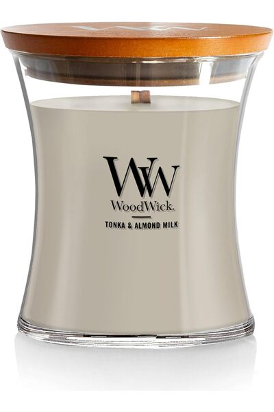 WoodWick Medium Hourglass Candle, Tonka & Almond Milk Scent, Premium Soy Blen...
