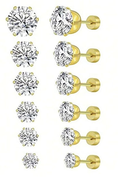 Aike 6 pairs of gold-plated zircon earrings set unisex threaded bottom cubic ...