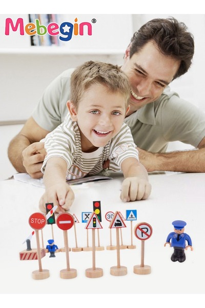 MEBEGIN 15PCS Wood Traffic Road Signs Playset with Rich Accessaries, Full Roa...